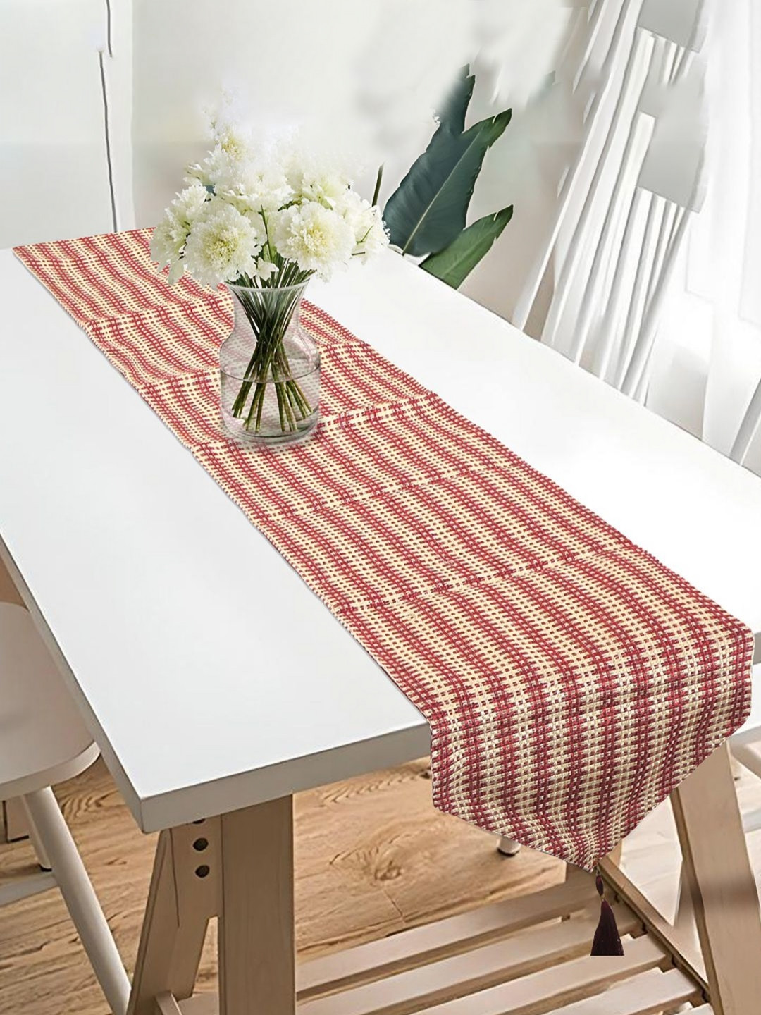 Aura Beige & Maroon Colored Striped 6 Seater Dining Table Runner