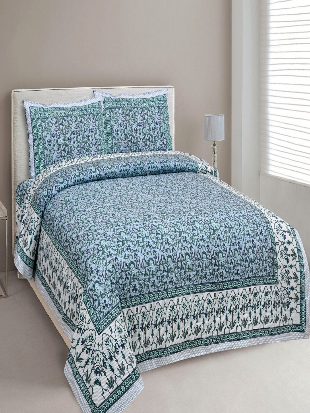 Bombay Spreads Blue & Off White Floral Cotton 180 TC King Bedsheet Set 2.74 m X 2.20 m