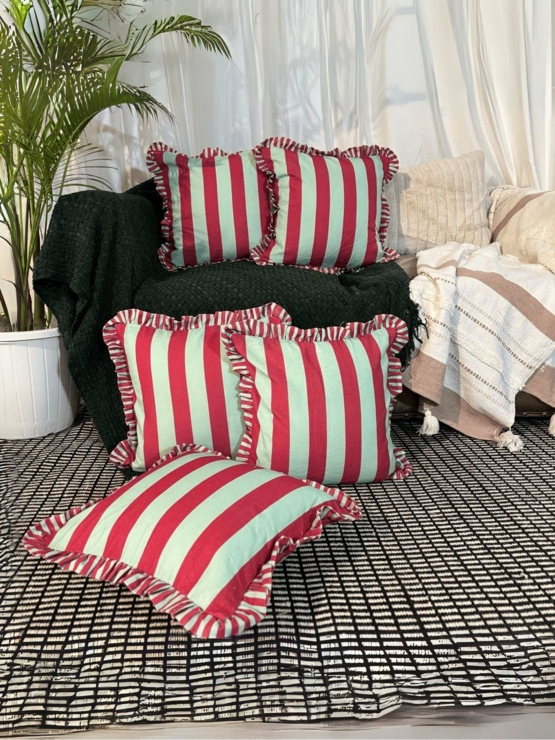 LUSHLYF Candy Cane Ruffle Green & Maroon 5 Pieces Striped Cotton Square Cushion Covers