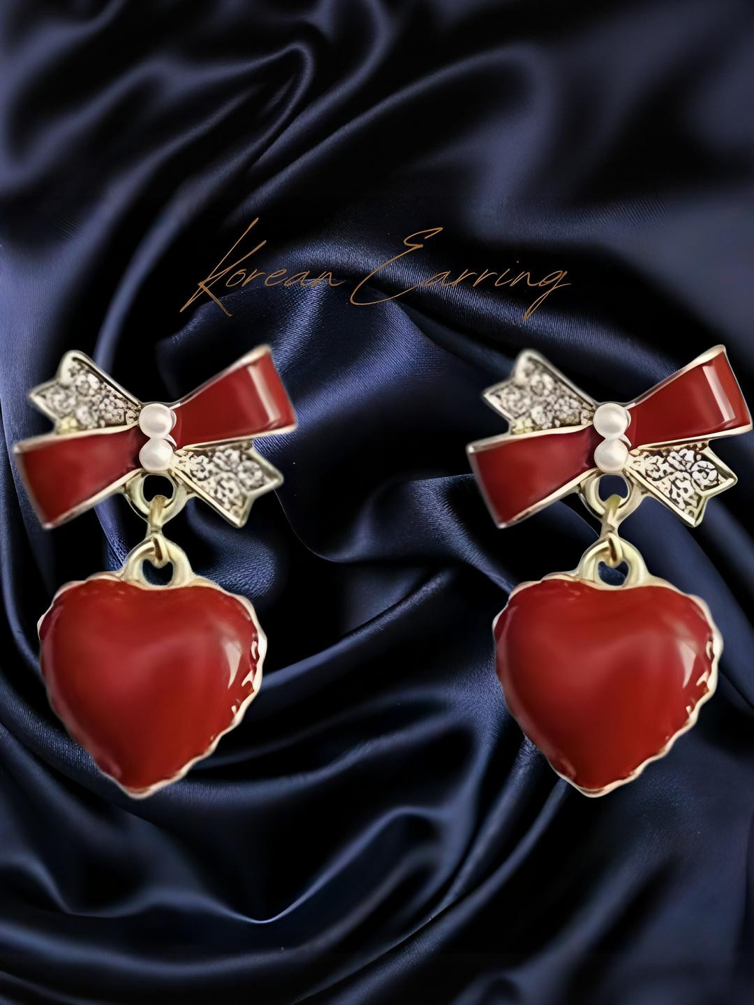 AKISON JEWELS Gold Plated Red Bow And Heart Shaped Studs Earrings