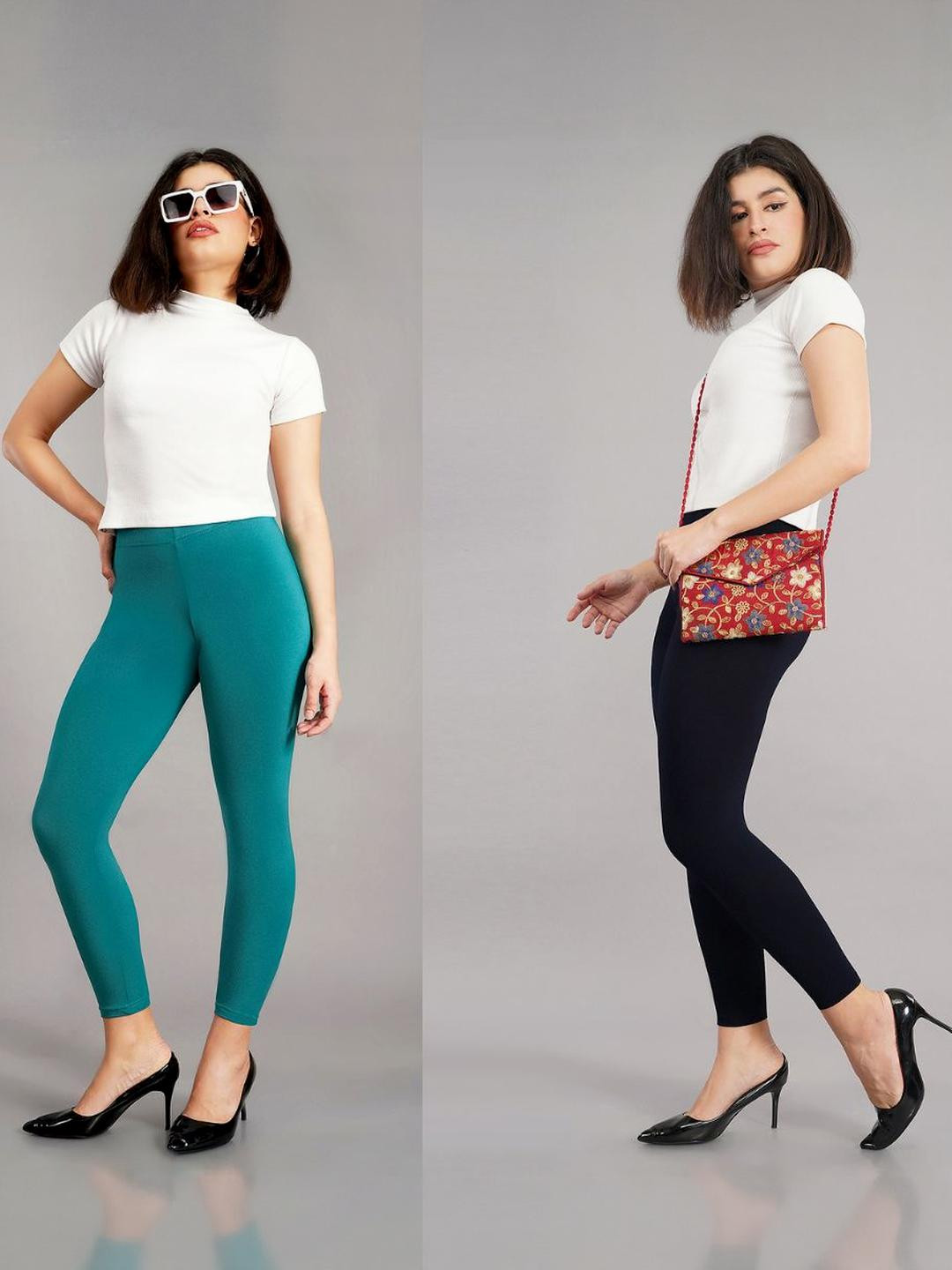 Avaasa Buy Shruthi Green & Navy Blue Pack of 2 Viscose Rayon Ankle Length Leggings