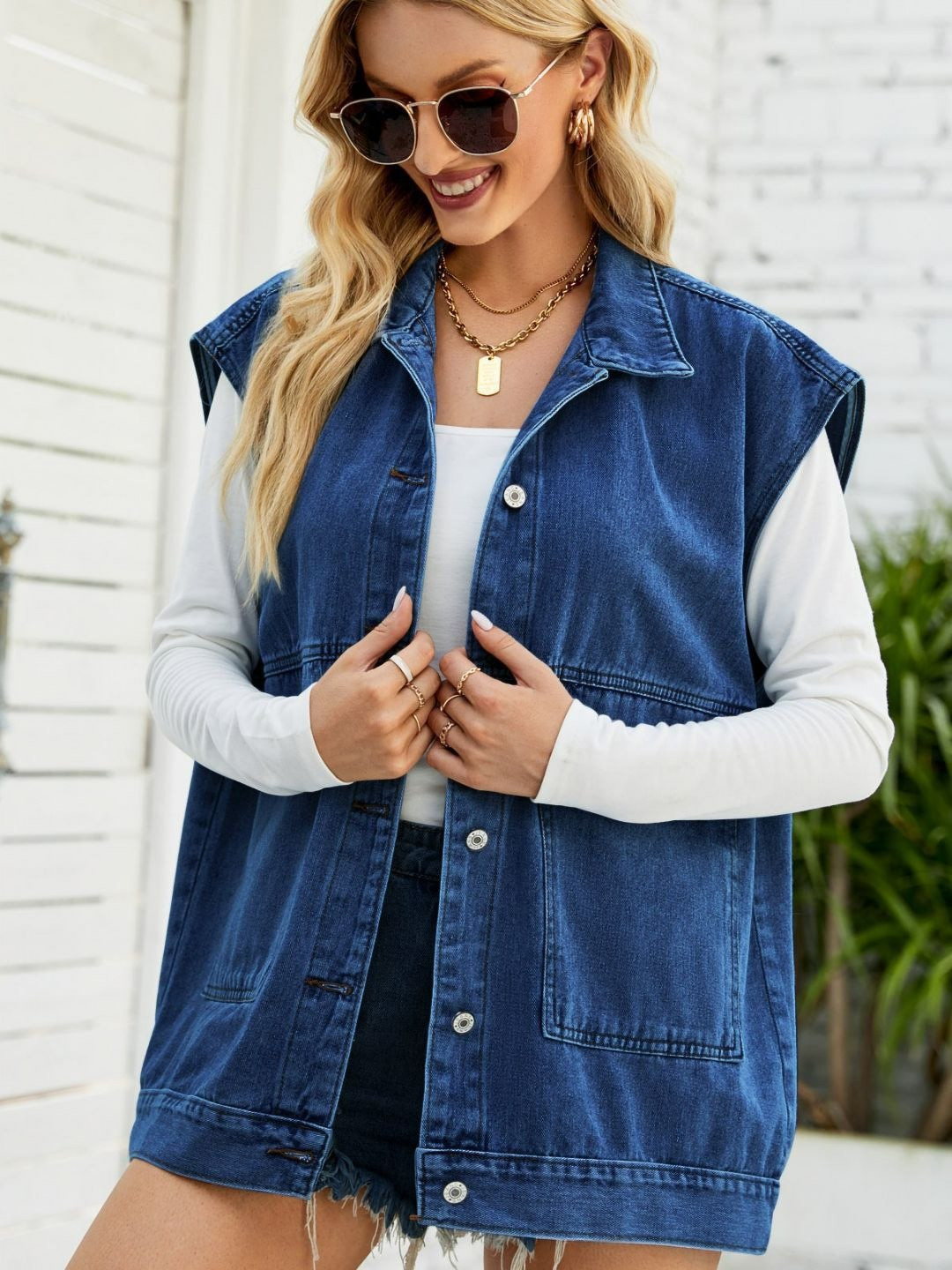 Oh Rare Spread Collar Denim Vest Jacket