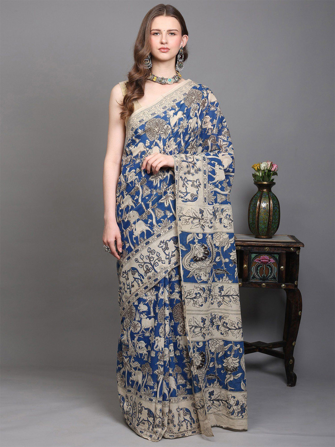 Exotic India Kalamkari Saree with Printed Jungle Scene and Nandi Ox Border from Telangana