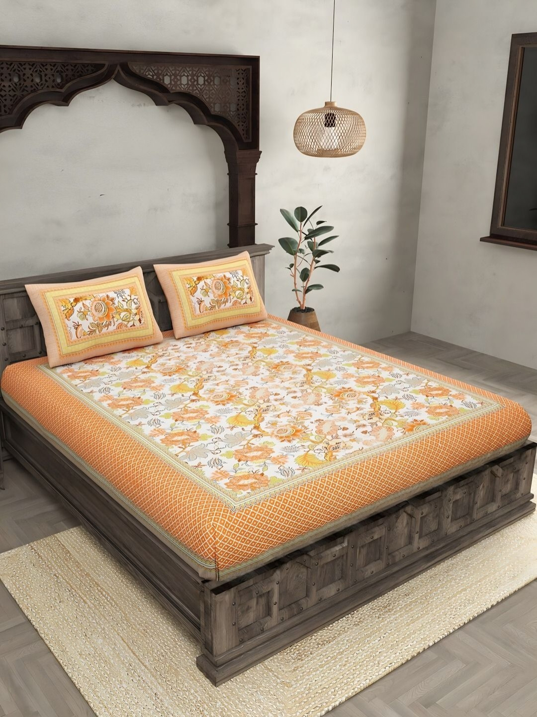 Bombay Spreads White & Orange Floral Cotton 180 TC King Bedsheet Set 2.74 m X 2.20 m