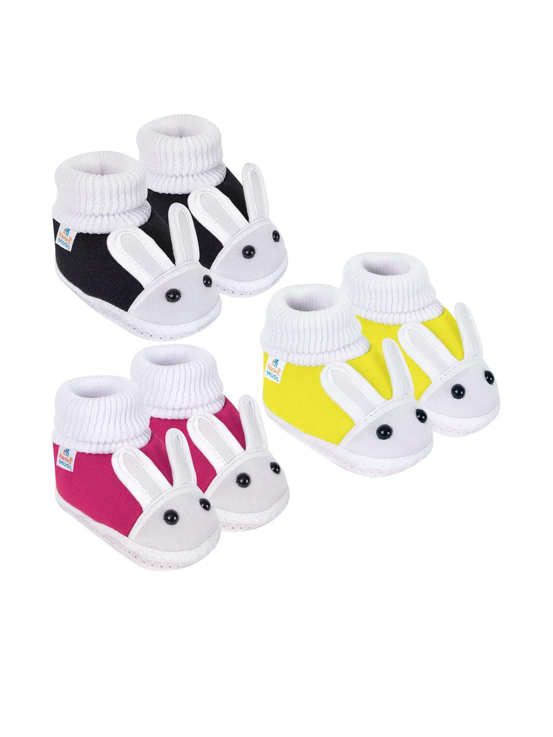 Neska Moda 0 To 12 Months Baby Boys & Baby Girls Combo Pack 3 Pair Soft Cotton Rabbit Face Booties (Toe to Heel Length - 12 cm, Black, Pink, Yellow)