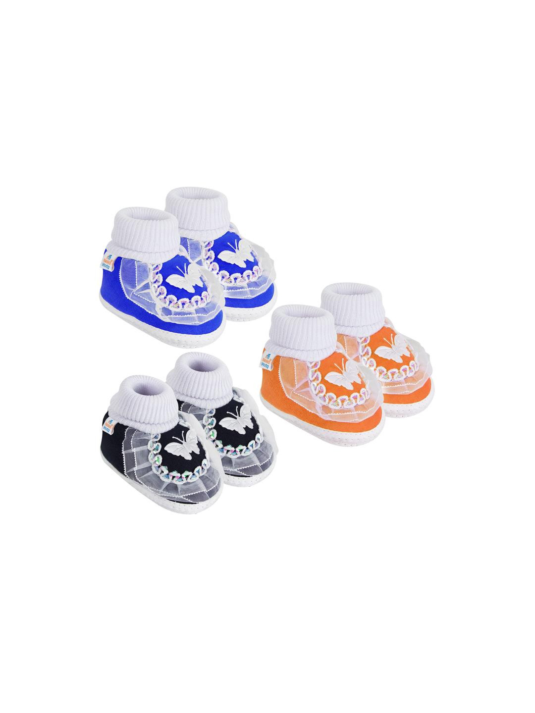 Neska Moda 0 To 12 Months Baby Boys & Baby Girls Pack of 3 Pair Soft Cotton Butterfly Frill Booties (Toe to Heel Length - 12 cm, Black, Blue, Orange)