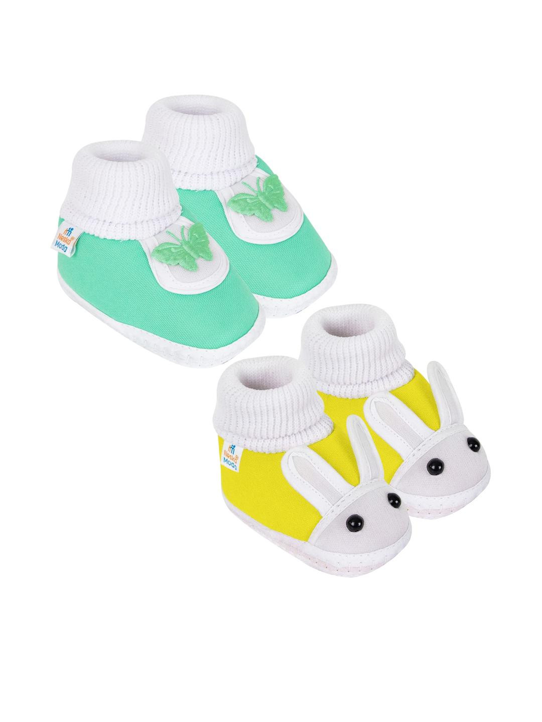 Neska Moda 3 To 12 Months Unisex Baby Set of 2 Pair Combo Cotton Butterfly & Rabit Face Booties (Toe to Heel Length - 12 cm, Mint, Yellow)