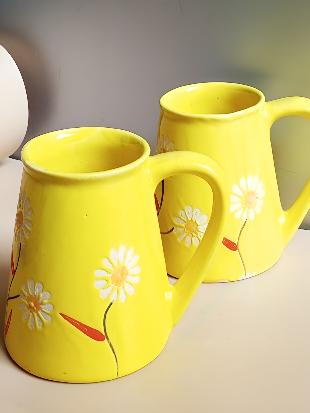 Lupaava Yellow & White and Hand Painted Printed Ceramic Glossy of Cups and Mugs