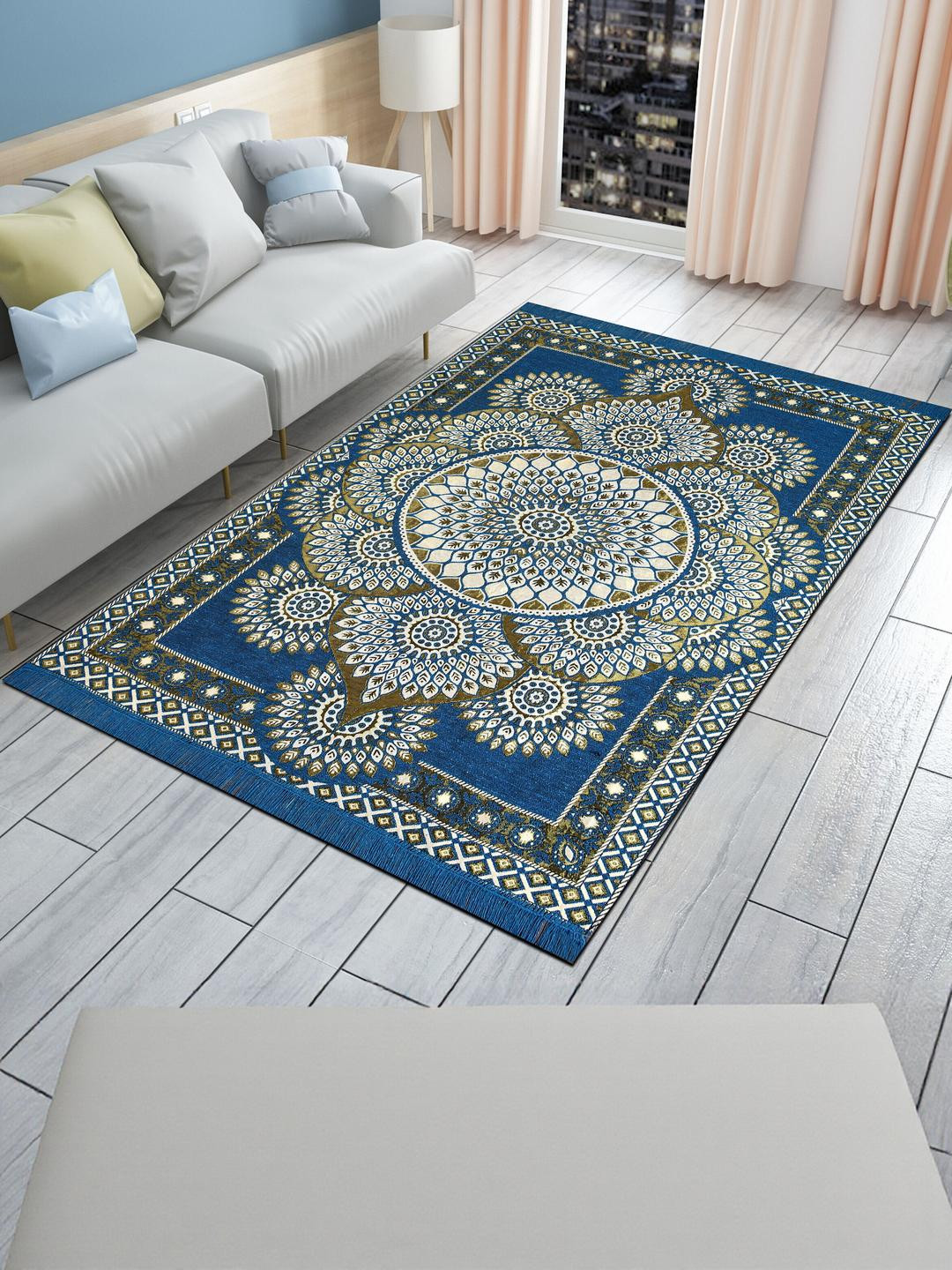 Furnishing Hut Blue & White Non-Slip & Durable Cotton Carpet