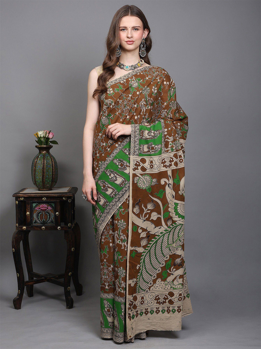 Exotic India Kalamkari Cotton Silk Saree From Telangana With Printed Warli Folk Art Motifs