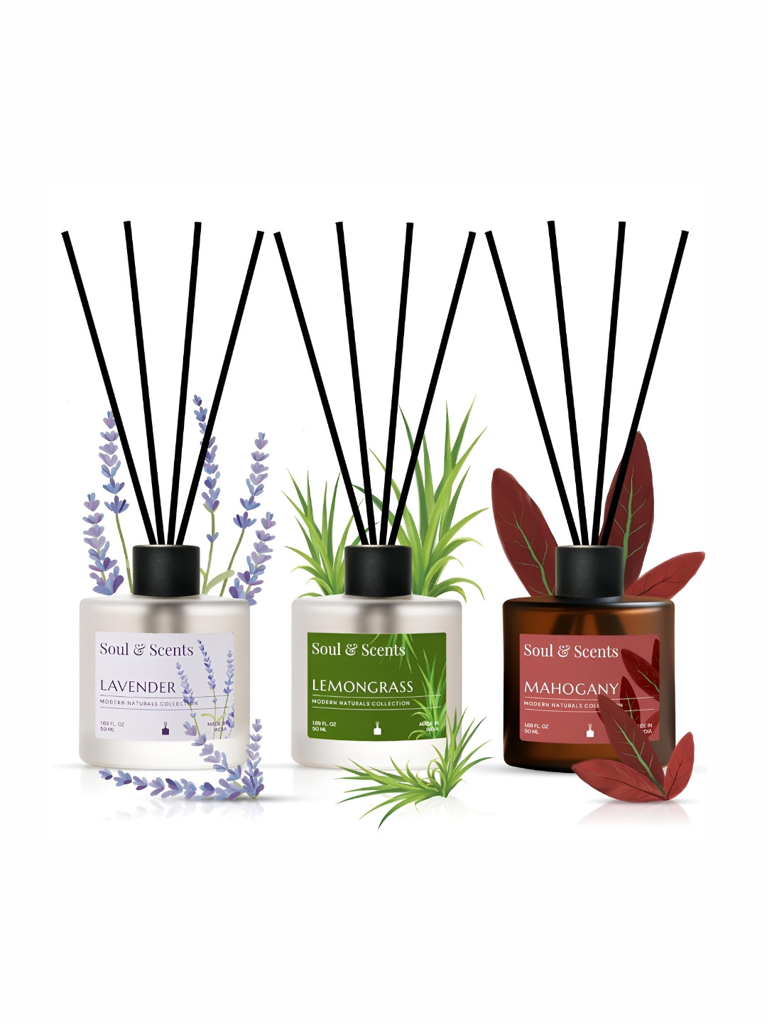 SOUL & SCENTS Pack of 3 Mahogany Lavender, Lemongrass Reed Diffuser-50 ml
