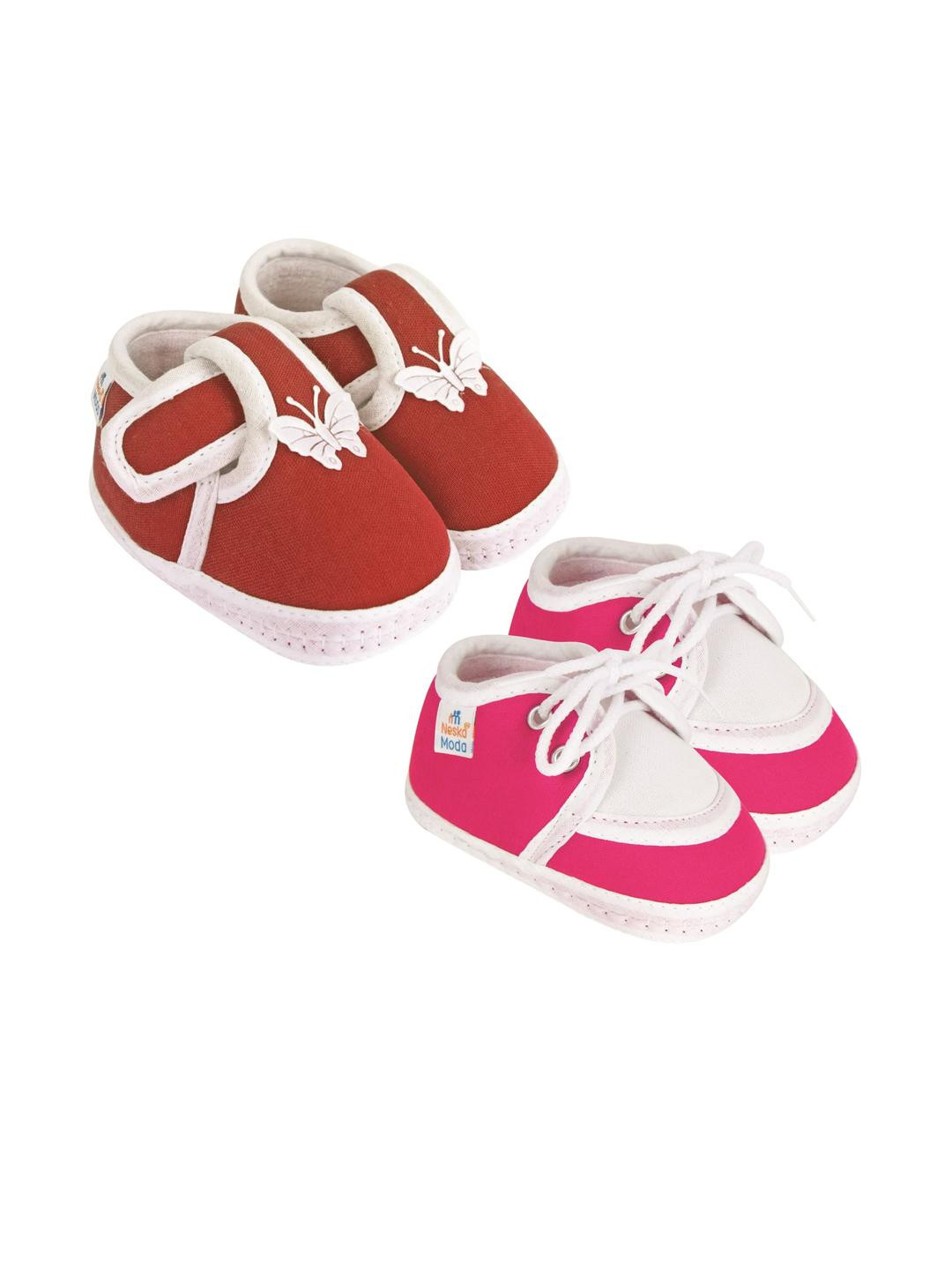 Neska Moda 0 To 6 Month Baby Unisex 2 Pair Combo Skin-Friendly Soft Cotton Butterfly & Lace Booties (Toe to Heel Length - 10 cm, Maroon, Rani)