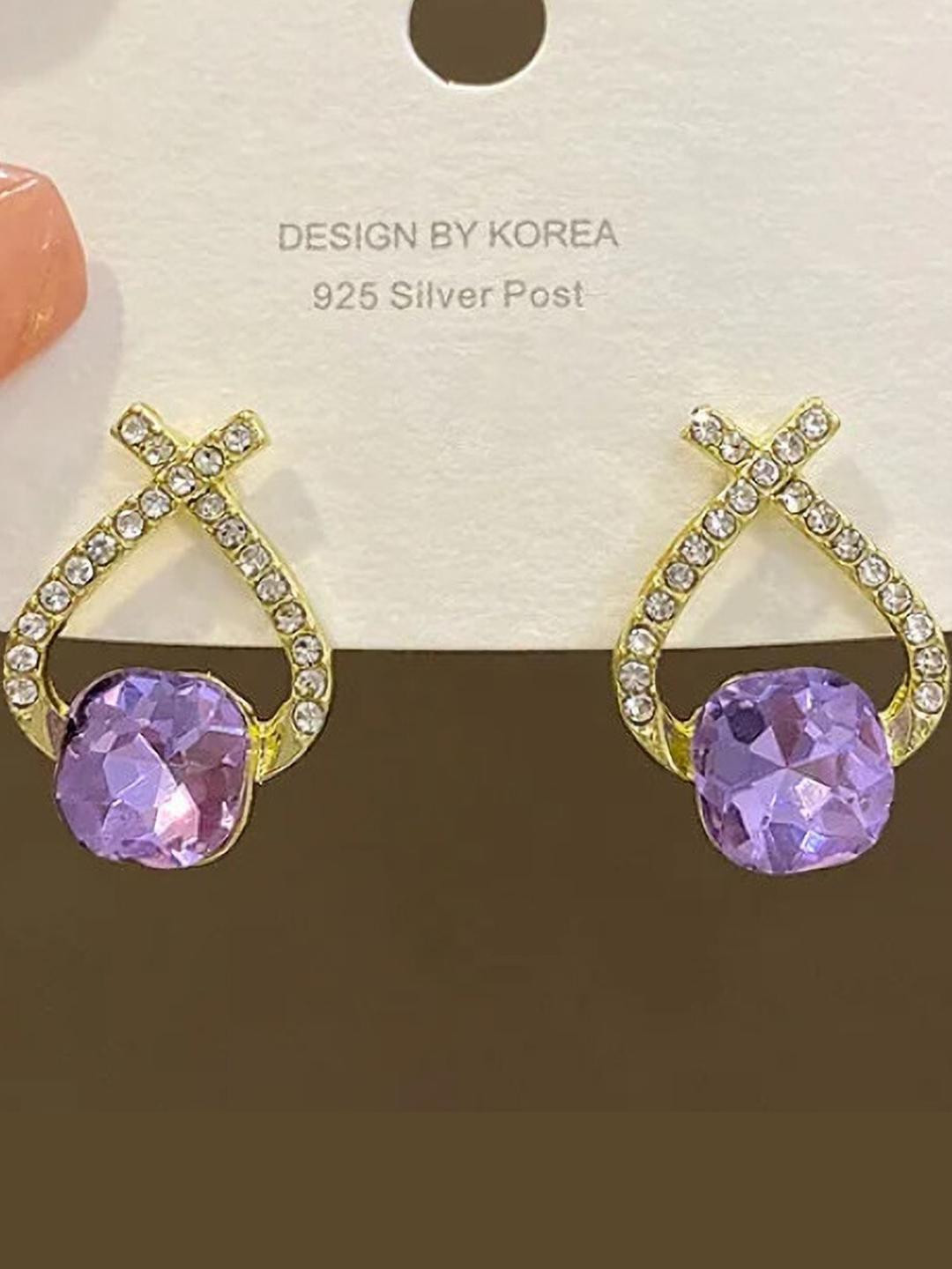 AKISON JEWELS Gold Plated Purple Stone Studded Studs Earrings