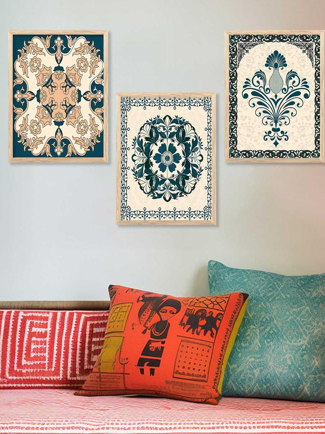 WALLLANE Blue & Cream-Coloured 3 Piece Wood Modern Wall Art With Frame