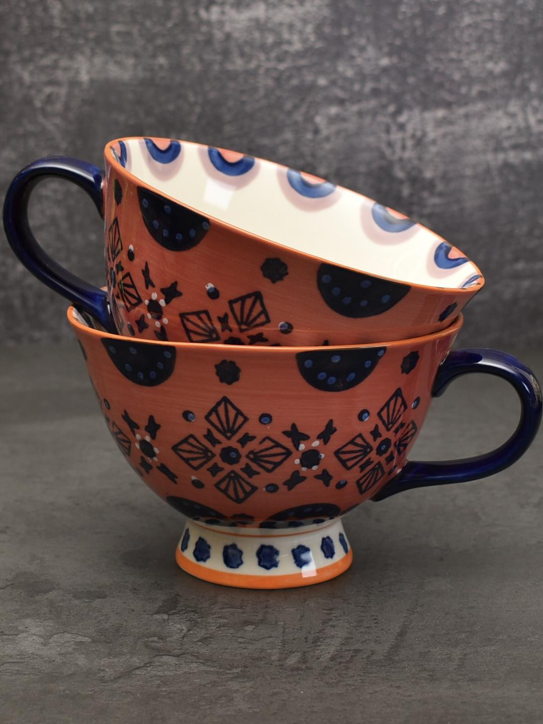 peppy little things Orange & Blue Ethnic Motifs Printed Ceramic Glossy Cups