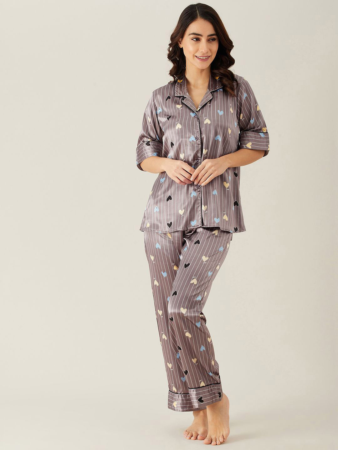 The Kaftan Company Women Heart Printed Satin Night suit