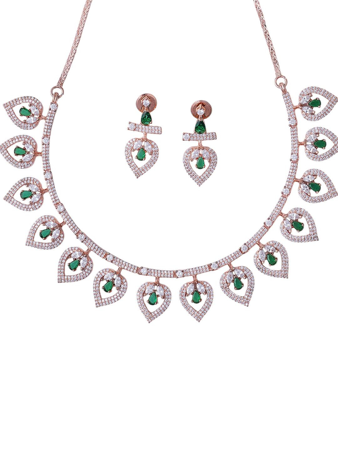 KAYRAH Green Brass White Stone Studded Jewellery Set