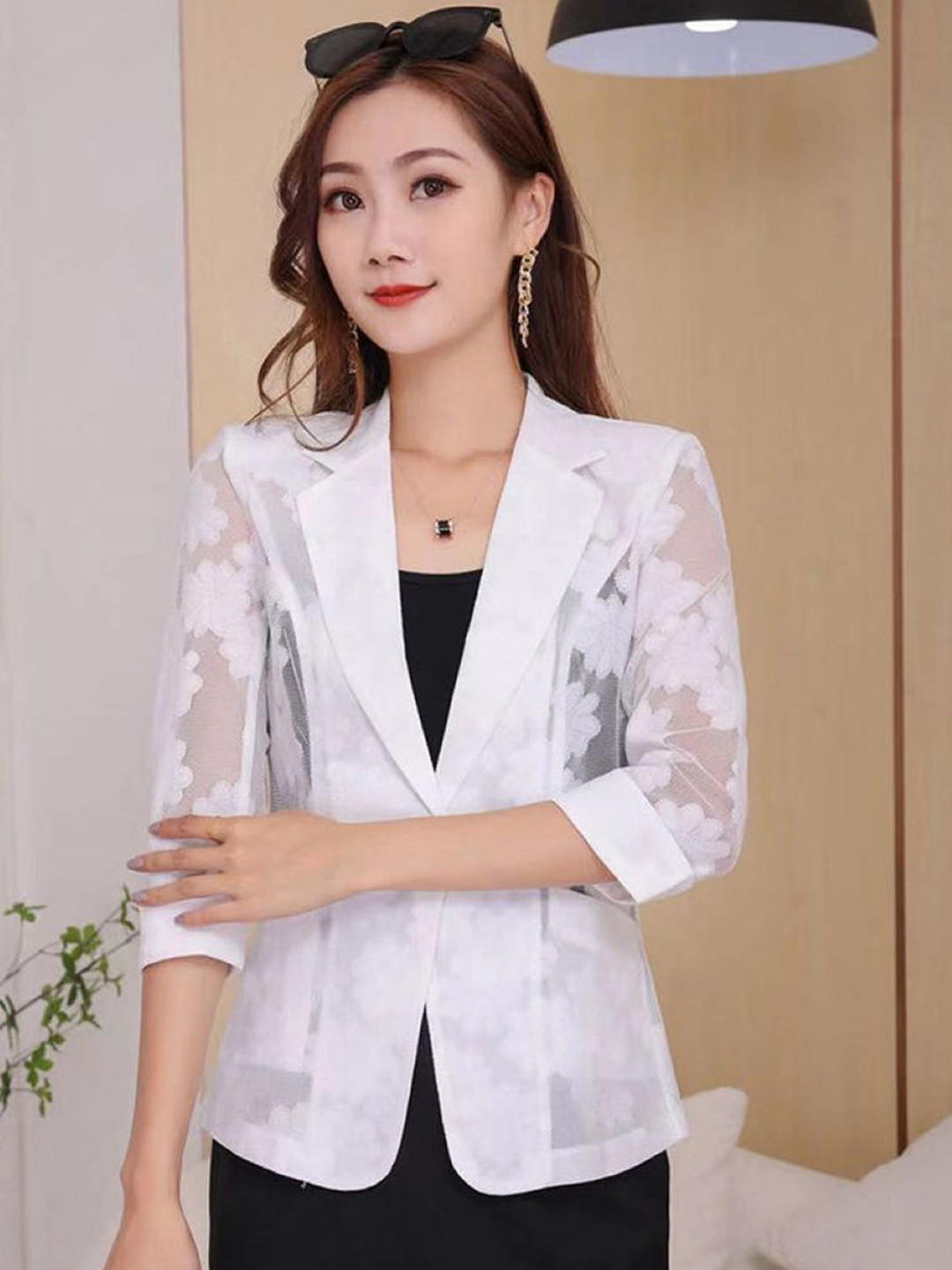 KPOP Women Lapel Collar Self Design Casual Tailored Jacket