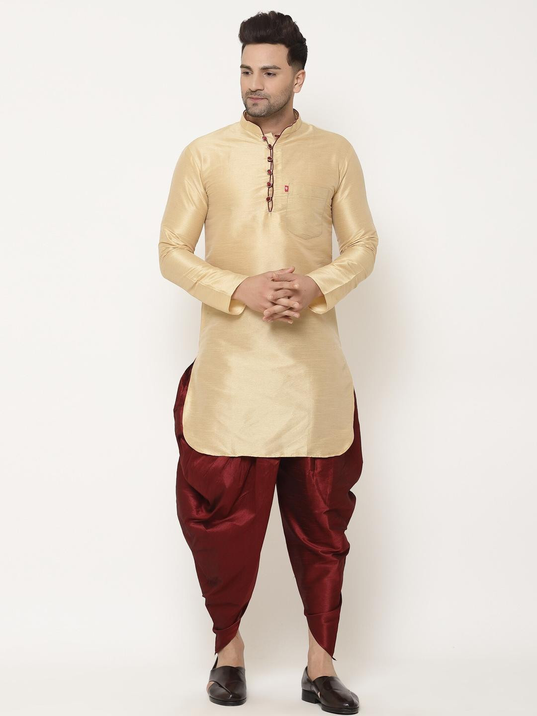 B BEN Mandarin Collar Pure Silk Straight Kurta with Dhoti Pants
