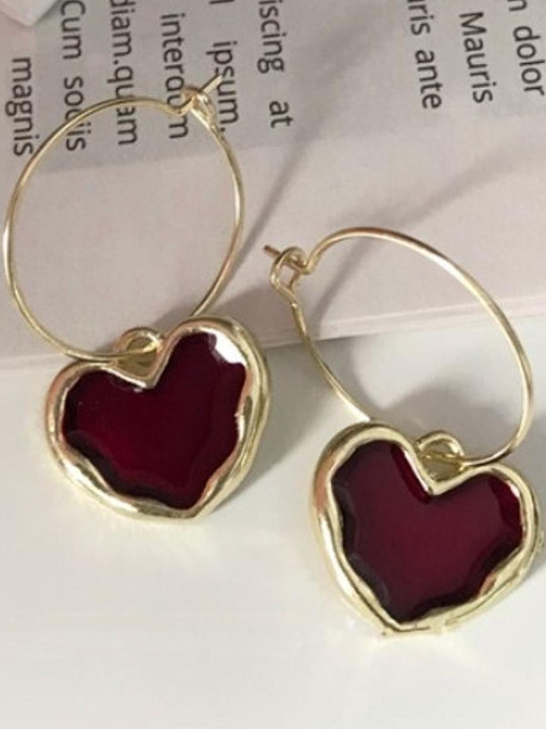 AKISON JEWELS Red Heart Shaped Hoop Earrings