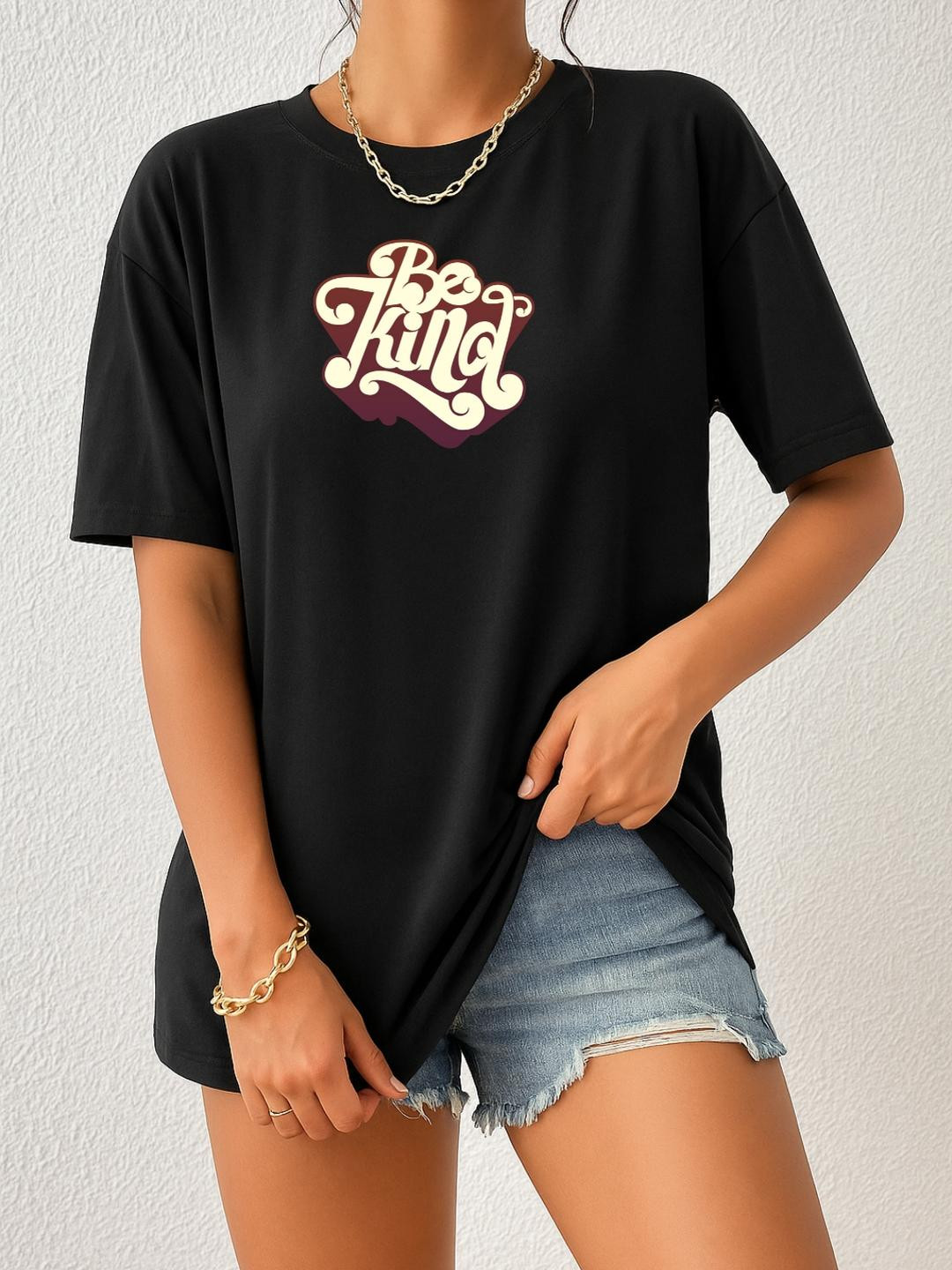Women Black Be Kind Typography Oversized T-Shirt