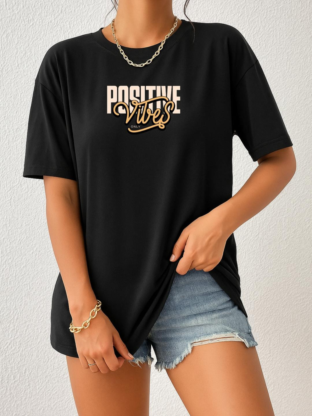 Women Black Positive Vibes Typography Oversized T-Shirt