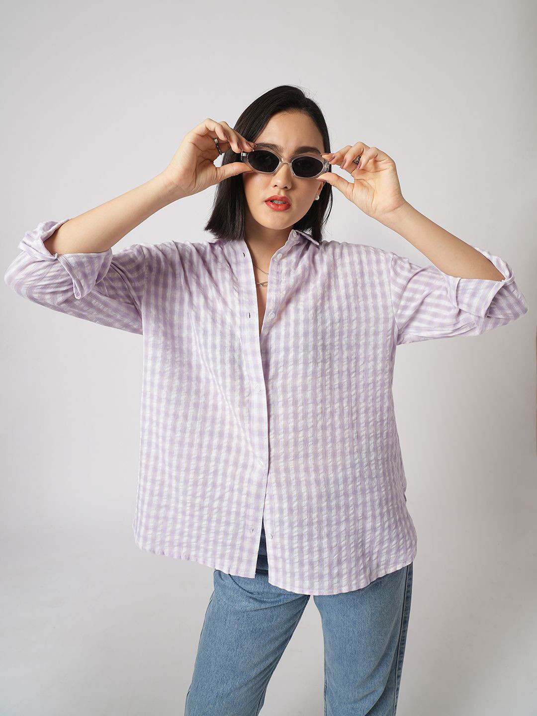 Mystere Paris Gingham Checked Spread Collar Classic High-Low Cotton Oversized Shirt