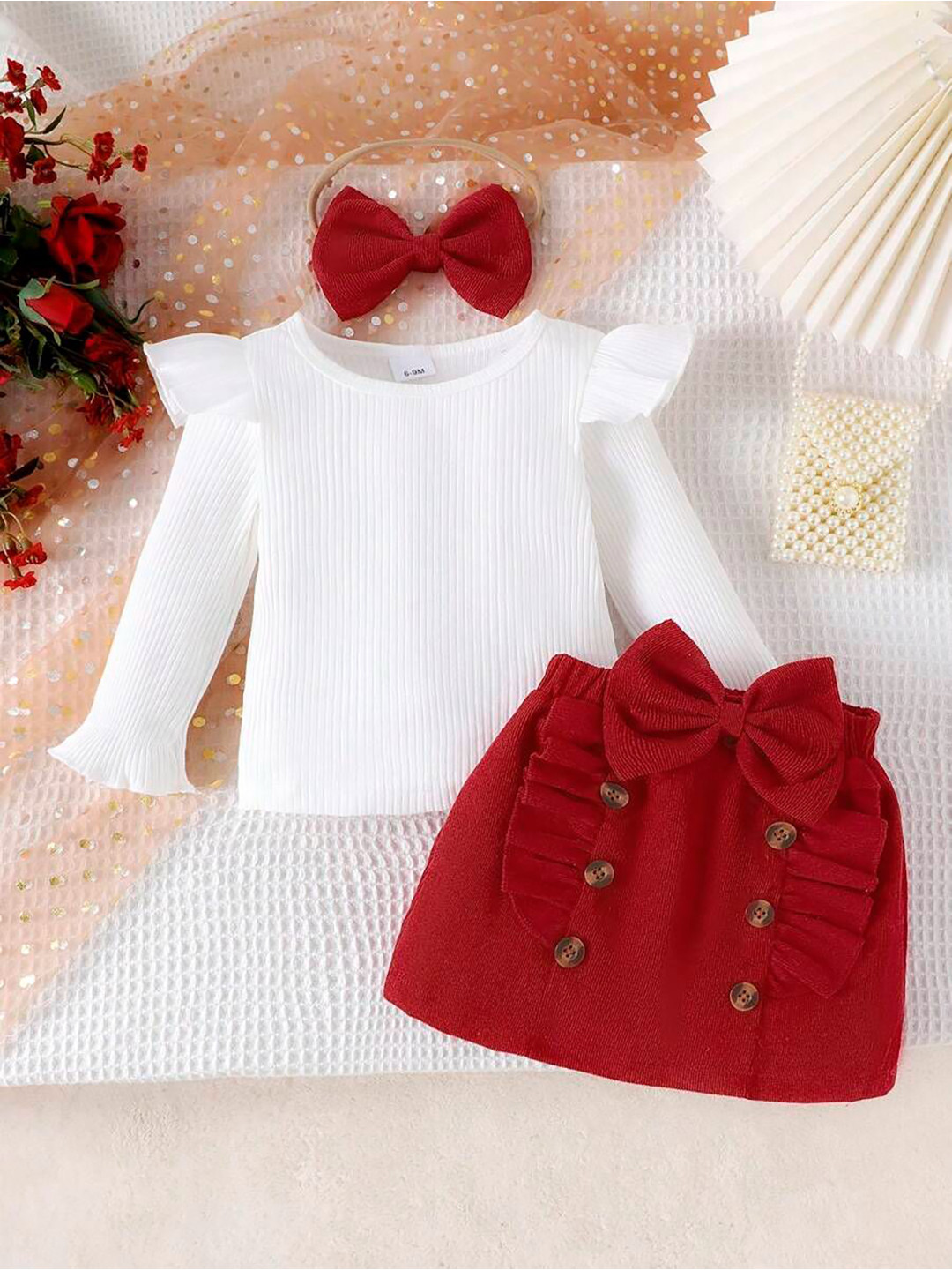 NABBU Girls Striped Top With Skirt With Matching Headband