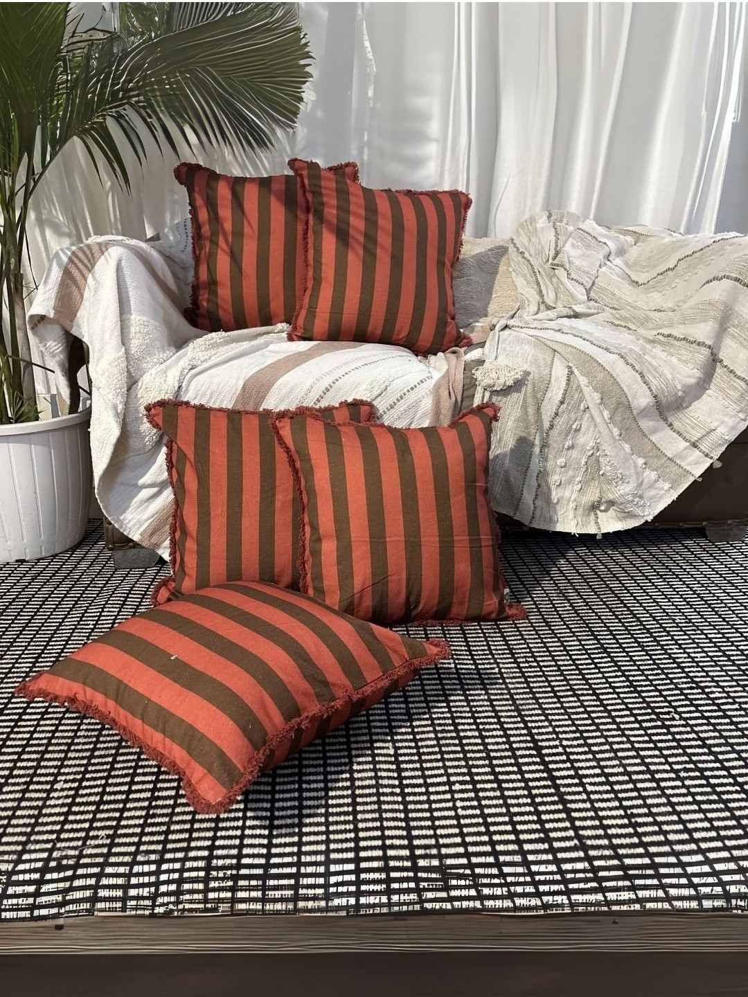 LUSHLYF Terracotta Ember Rust & Brown 5 Pieces Striped Cotton Square Cushion Covers