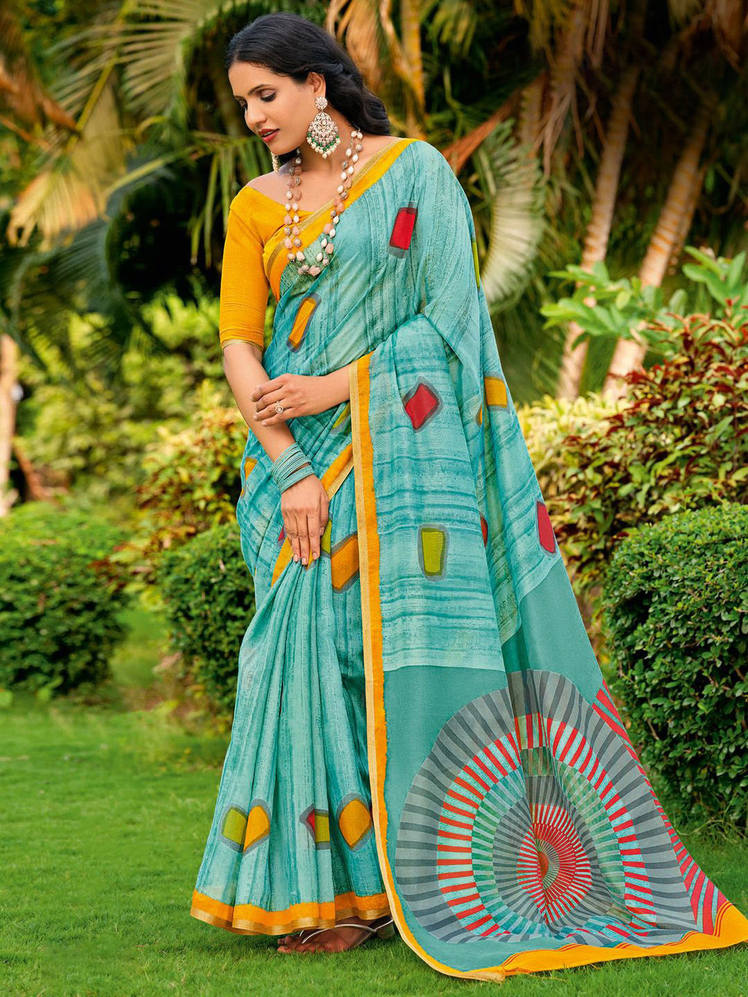 Anouk Rustic Geometric Printed Zari Designer Block Printed Saree