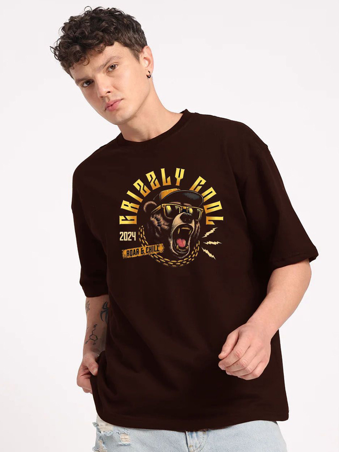 FARROWX Typography Printed Drop-Shoulder Sleeves Oversized Pure Cotton T-shirt