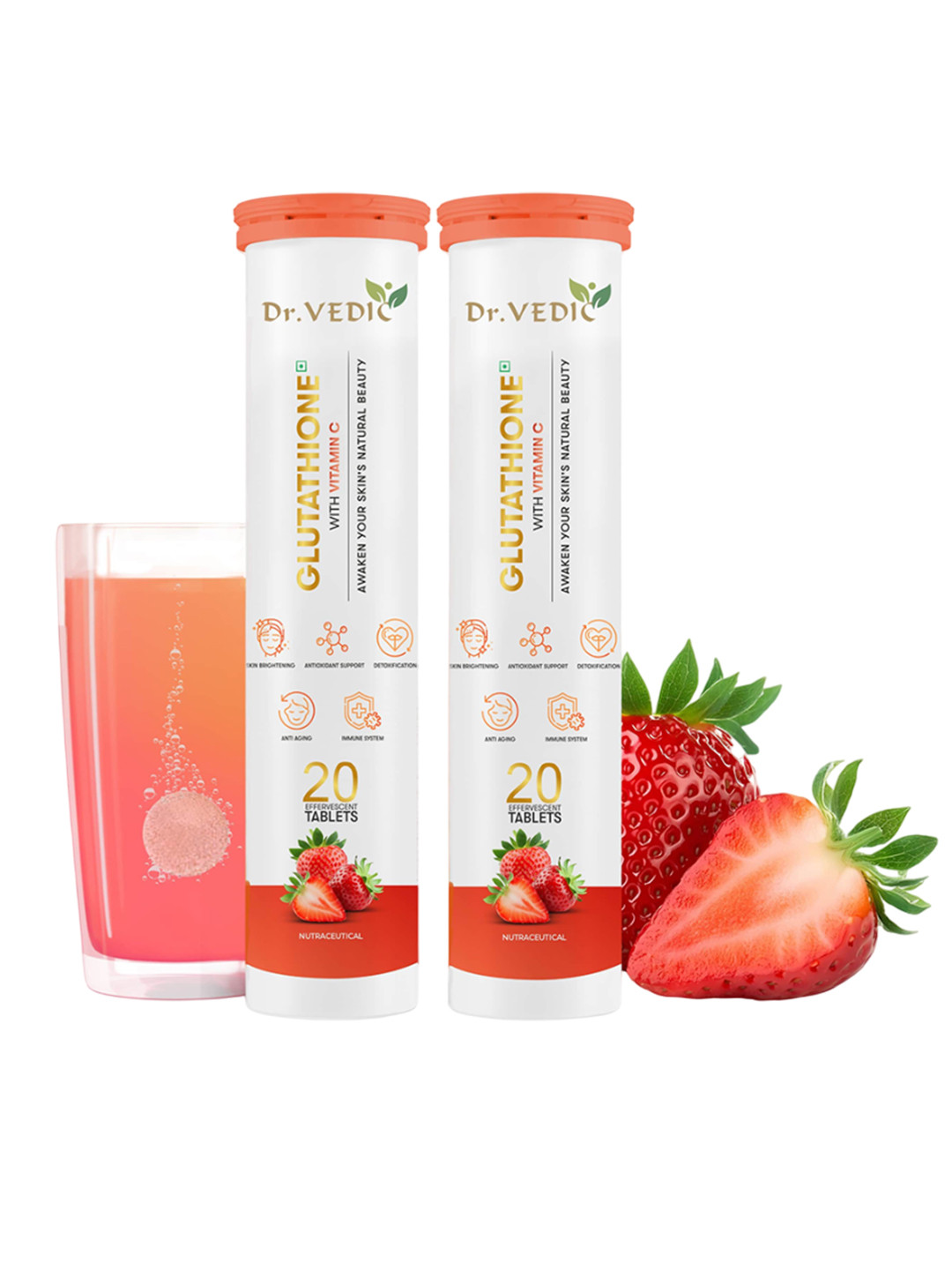 Dr Vedic Set Of 2 Glutathione Effervescent Tablets- 20 Tablets Each- Strawberry