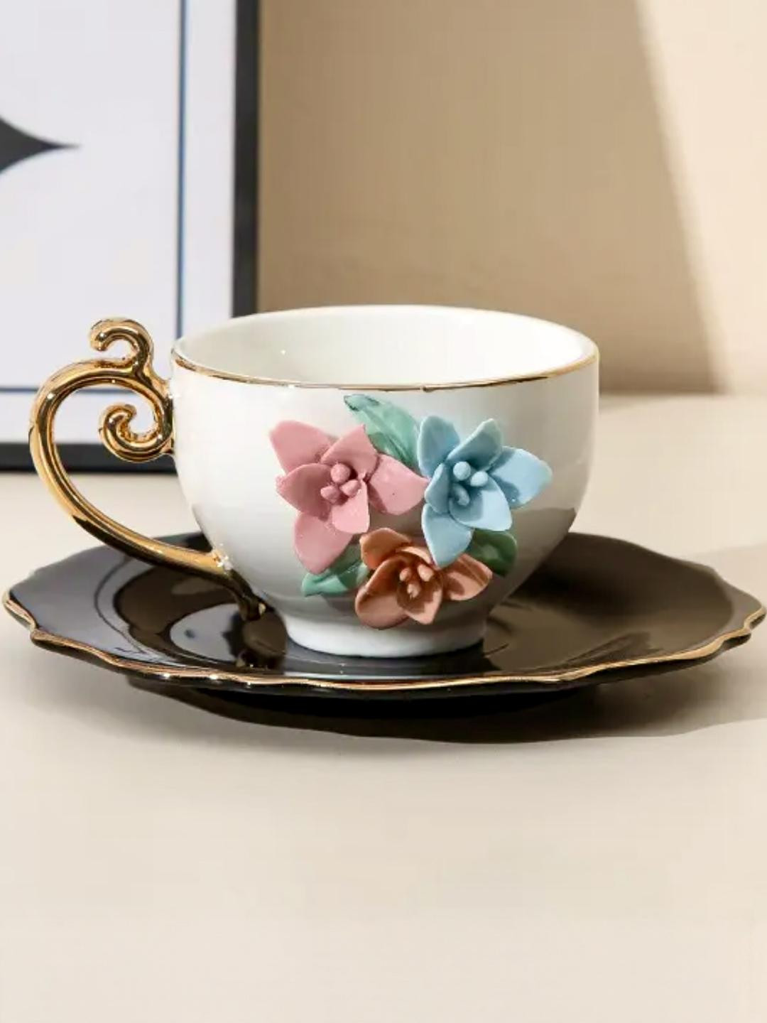 peppy little things White & Black Floral Textured Ceramic Glossy Cups