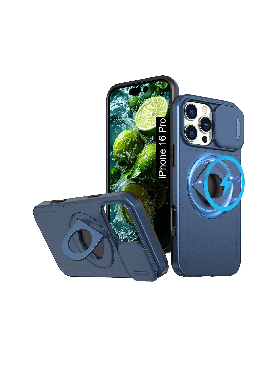 Luxury Kase Solid Printed iPhone 16 Pro MagSafe Shockproof Back Case With Ring Kickstand