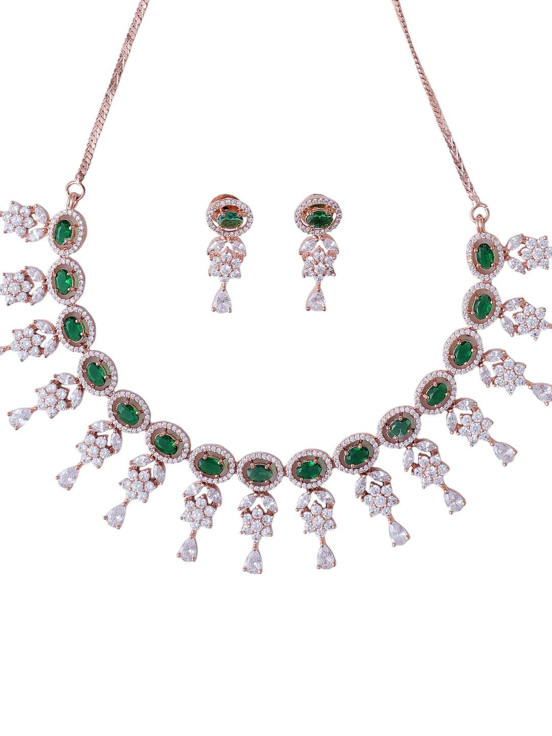 KAYRAH Green Brass Material Crafted CZ Stone Studded Necklace with Earrings