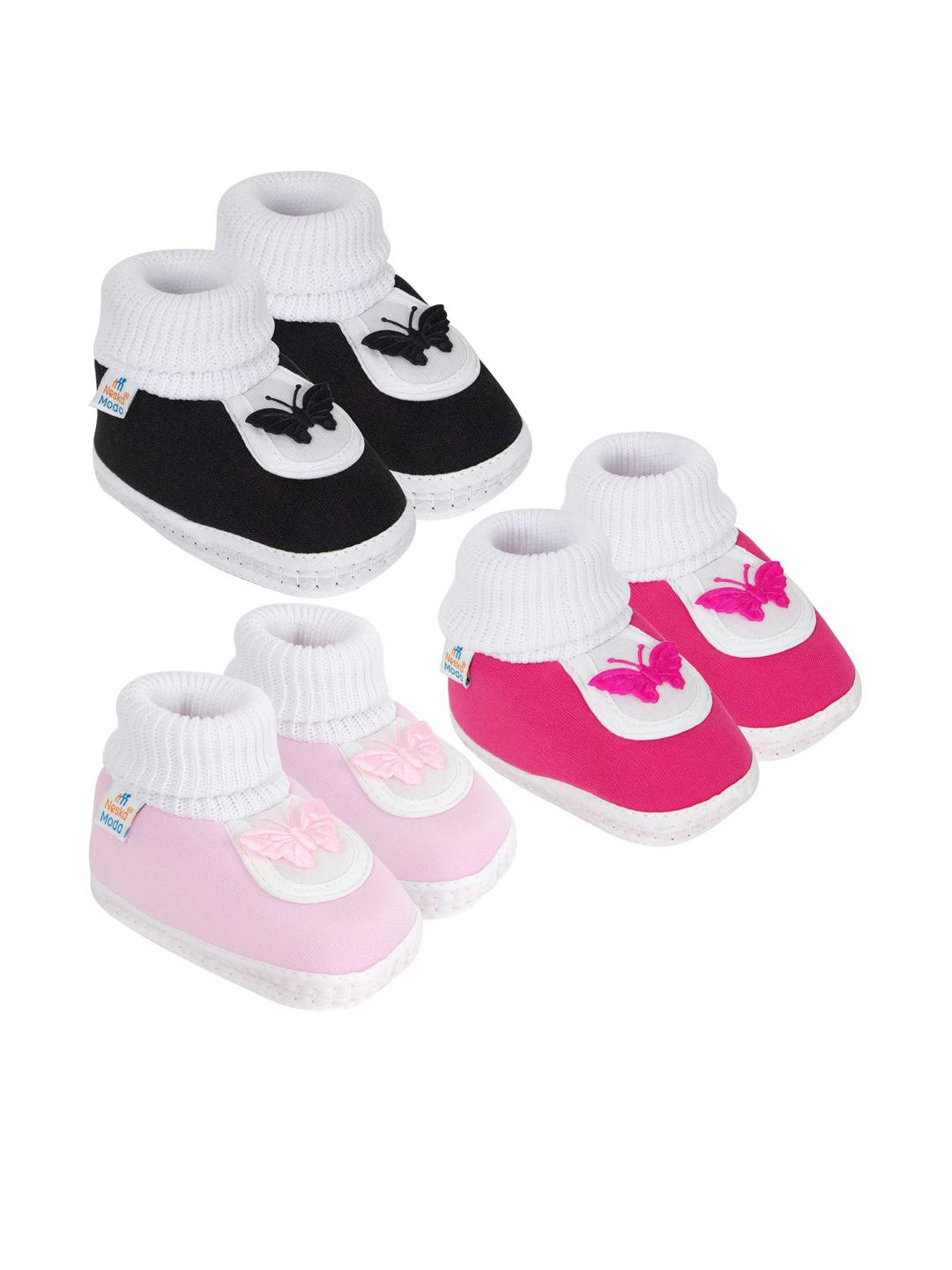 Neska Moda 0 To 6 Months Baby Boy & Girls 3 Pair Set Cotton Butterfly Newborn Skin-Friendly Booties (Toe to Heel Length - 10 cm, Black, Pink, Baby Pink)