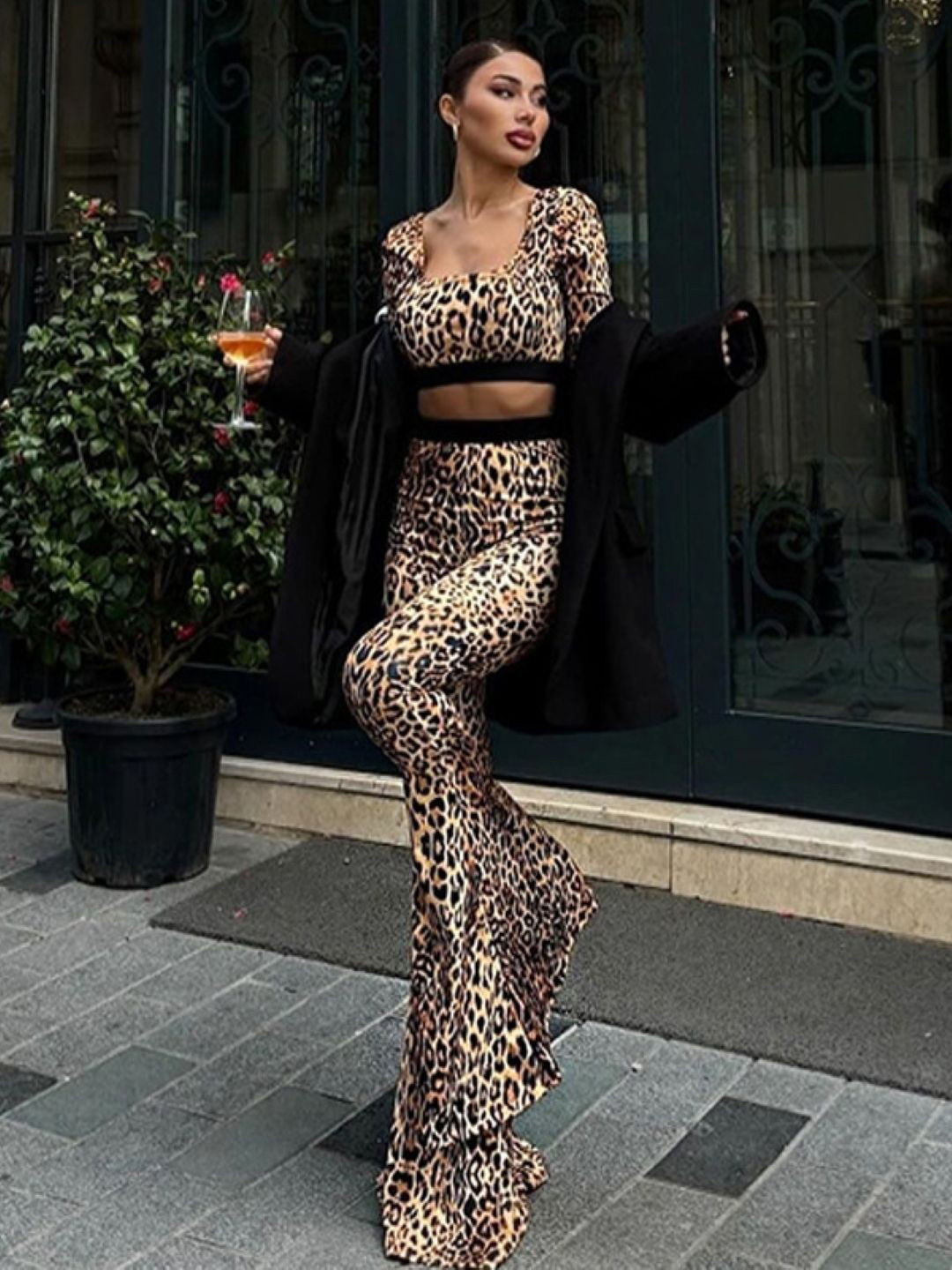 KPOP Printed Square Neck Long Sleeves Crop Top With Trousers Co-Ords