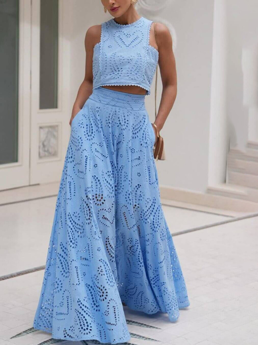 Miss Mosa By Akanksha  Blue Celine Eyelet Summer Coord Set