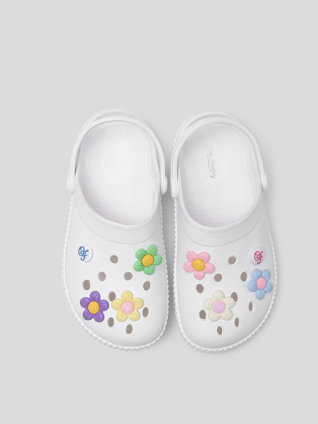 One Friday Girls Rubber Clogs with 3D Pastel Flower Charms & Strap