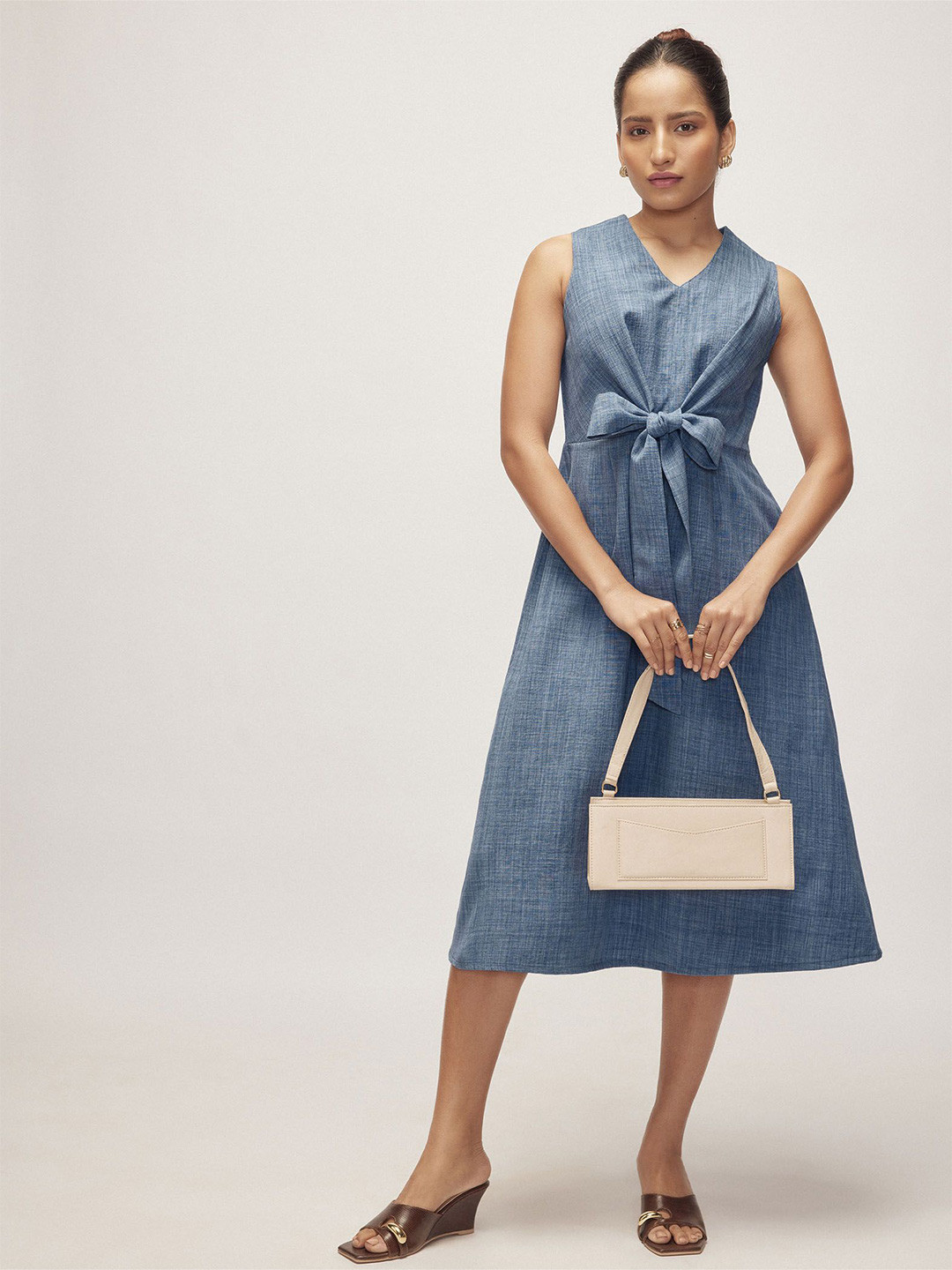 The Label Life Women Slate Blue Linen Front Tie Up Midi Dress