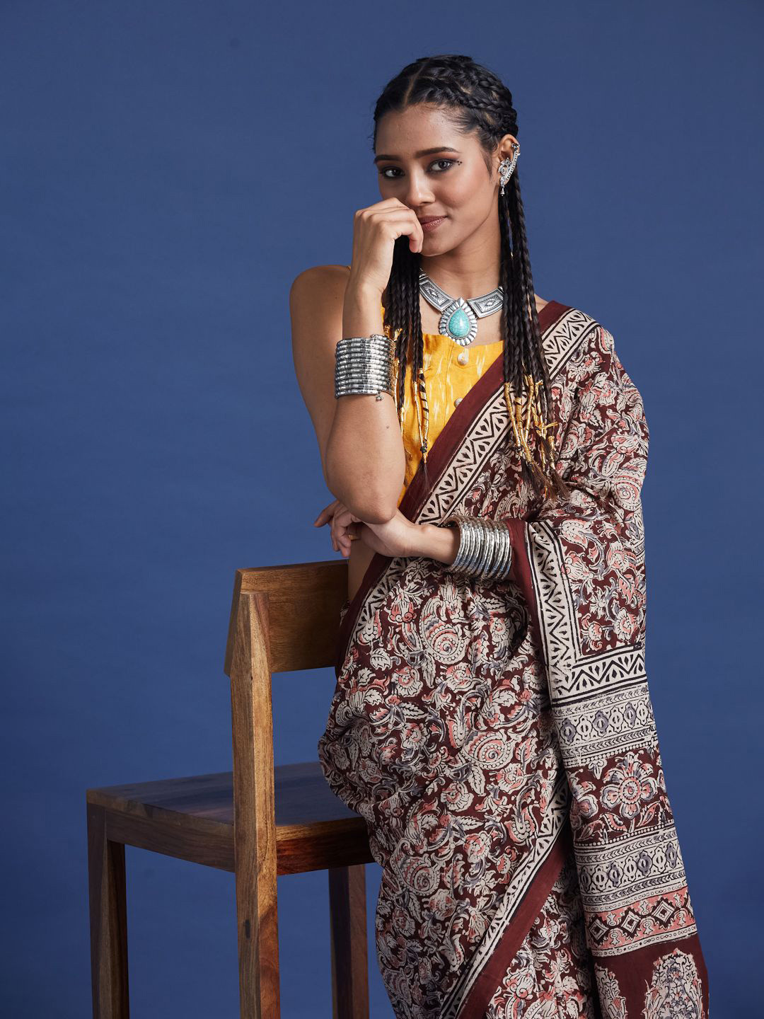 Taavi Women Hand Block Kalamkari Saree with Geometric Borders & Classic Motifs