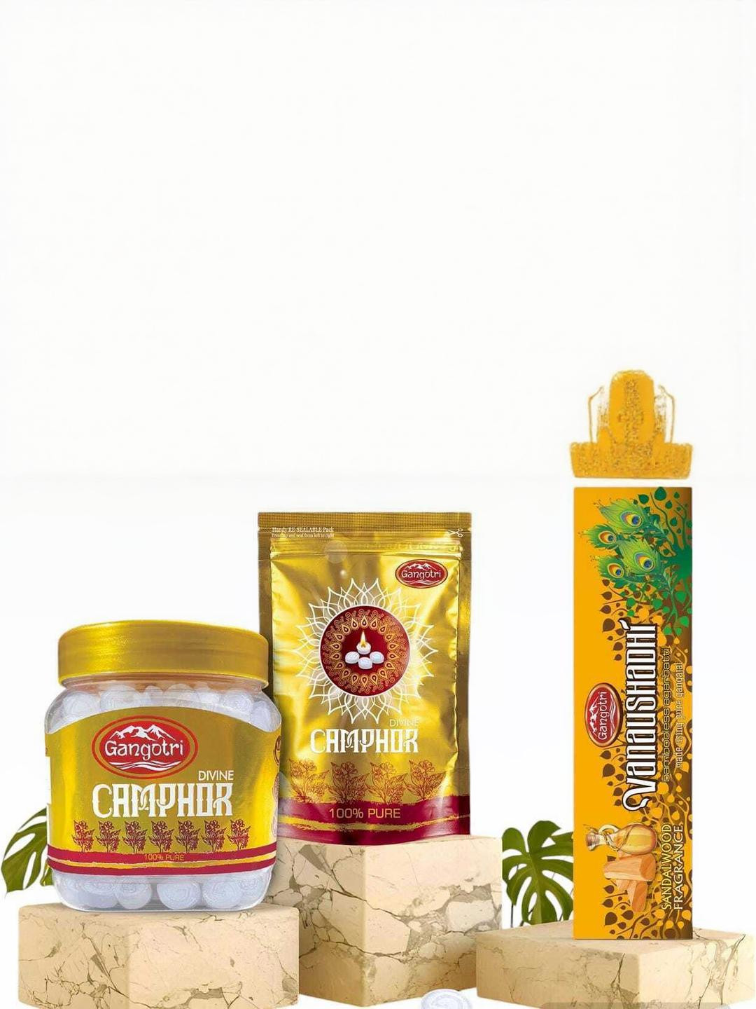 Gangotri Pack of 3 Camphor Tablet Jar, Tablet Pouch & Vanaushadhi Agarbatti