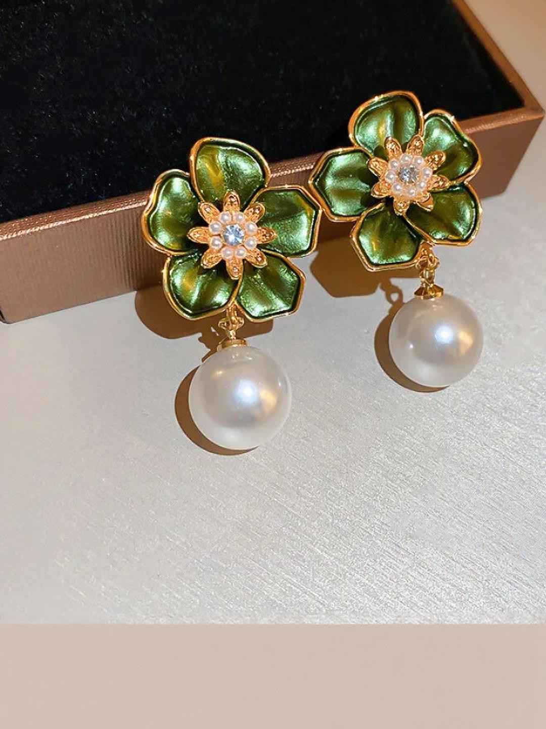 AKISON JEWELS Women Green Floral Gold-Plated White Bead Drop Earrings