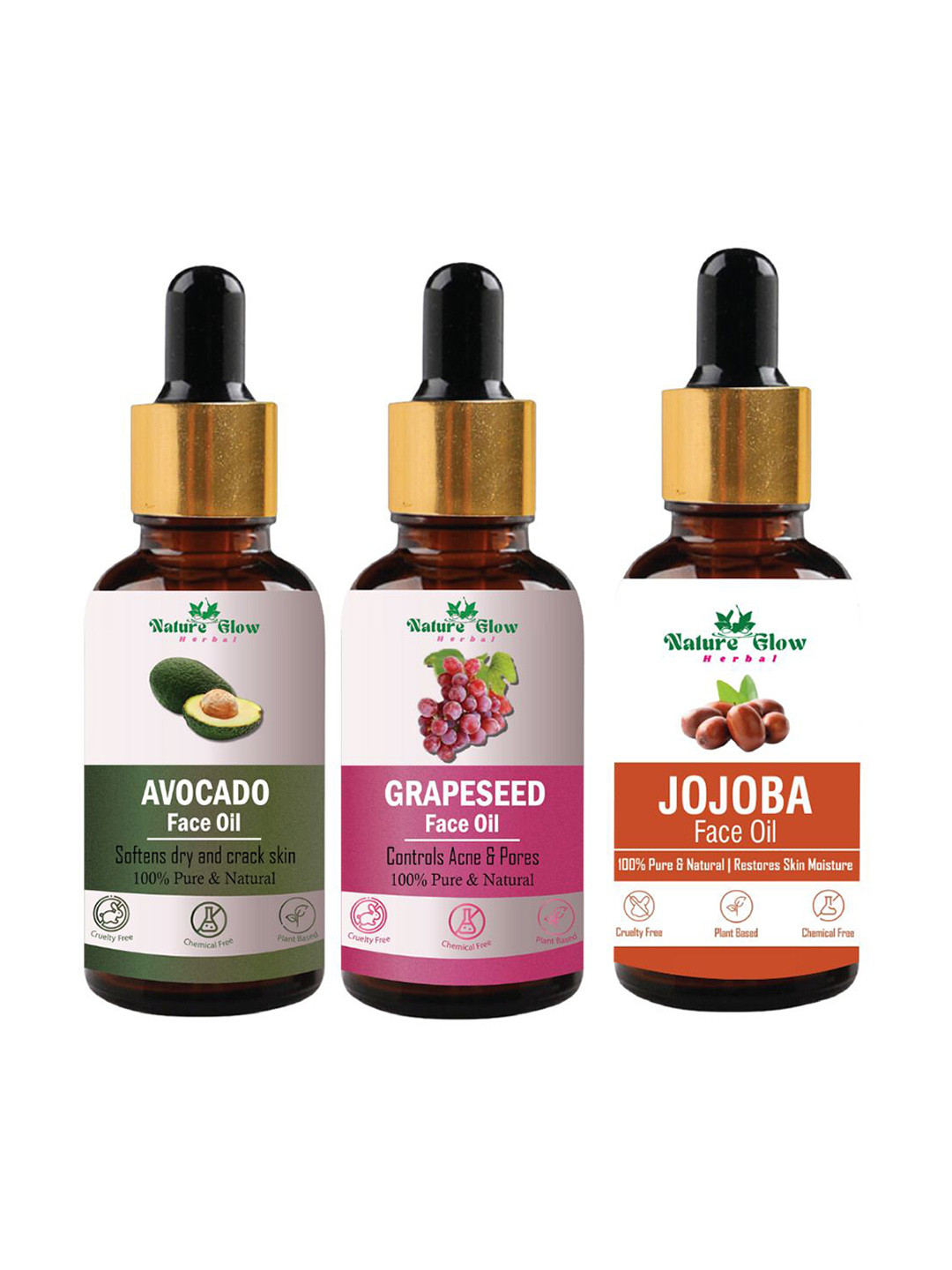 Nature Glow Herbal Set Of 3 Avocado With Grapeseed & Jojoba Facial Oil- 15 ml Each