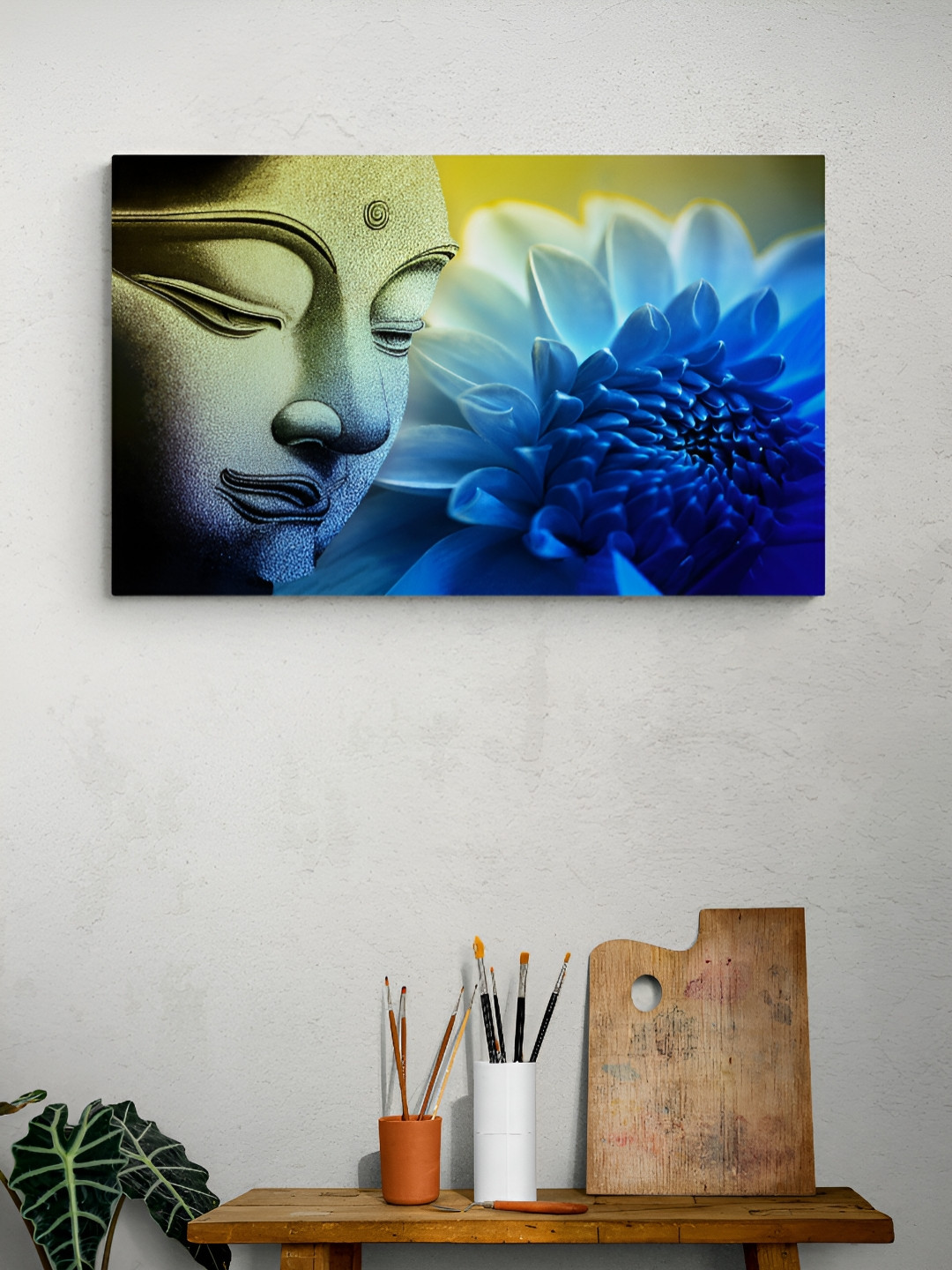 Tushaco Handicrafts Blue & Green 1 Piece Buddha Religious Canvas Wall Art
