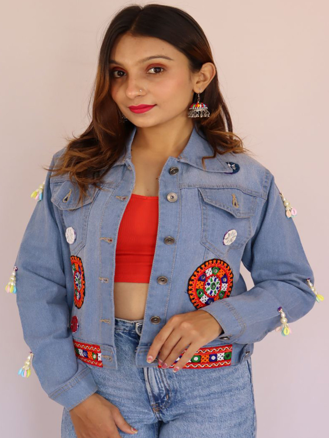 Prijam Embroidered Spread Collar Denim Jacket with Patchwork