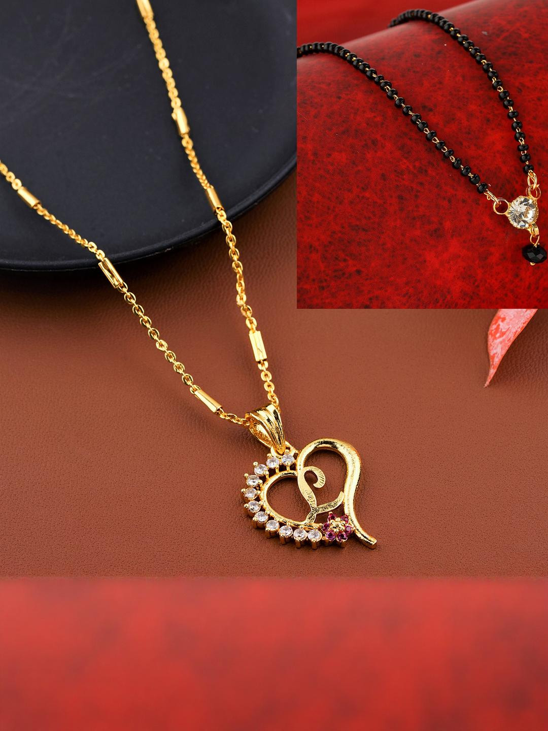 CLONEO Set of 2 Gold-Plated Stones Studded & Beaded Pendant with Chain