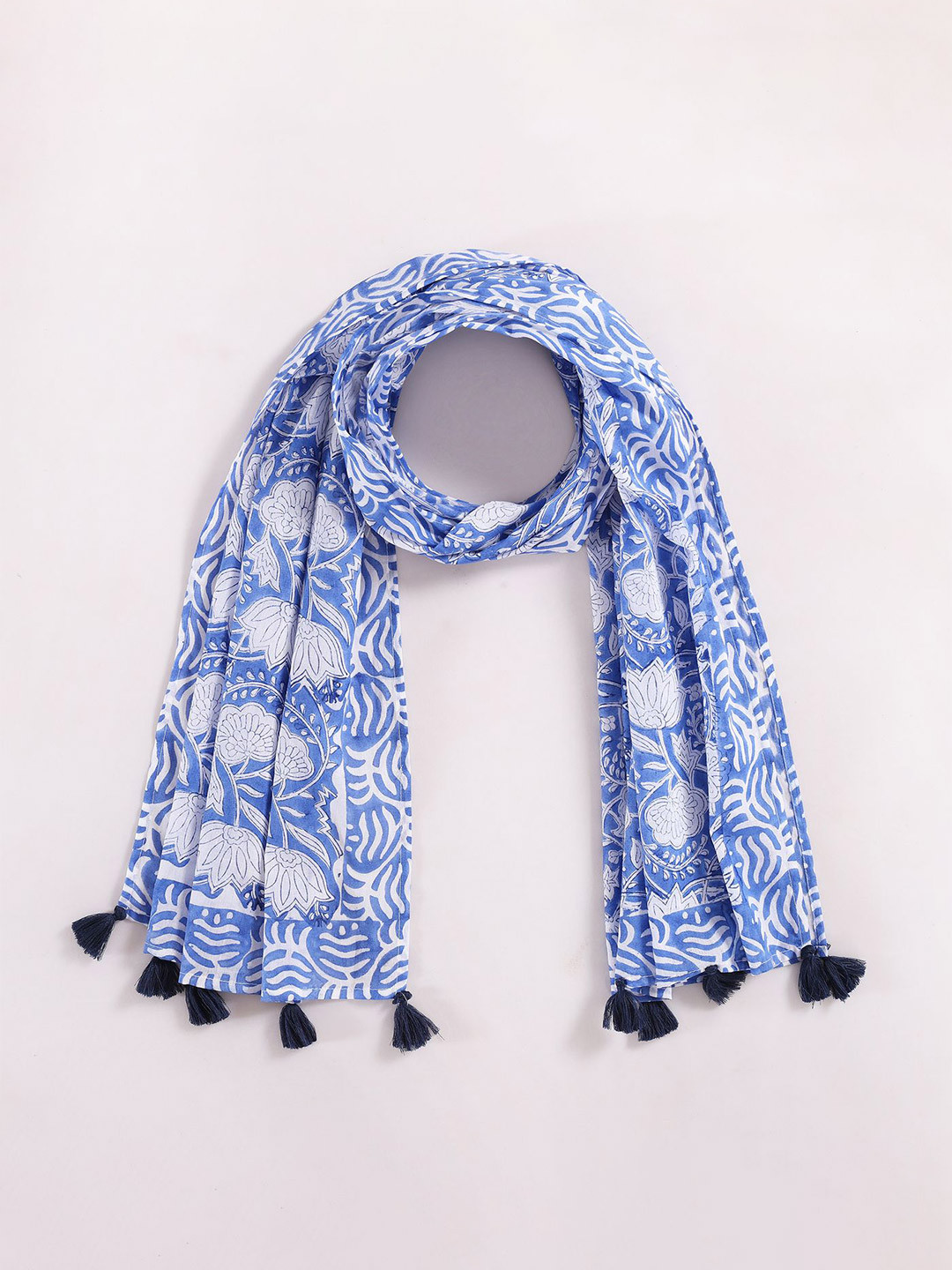 Ravaiyaa Hand Block Lotus Printed Cotton Tasseled Scarf