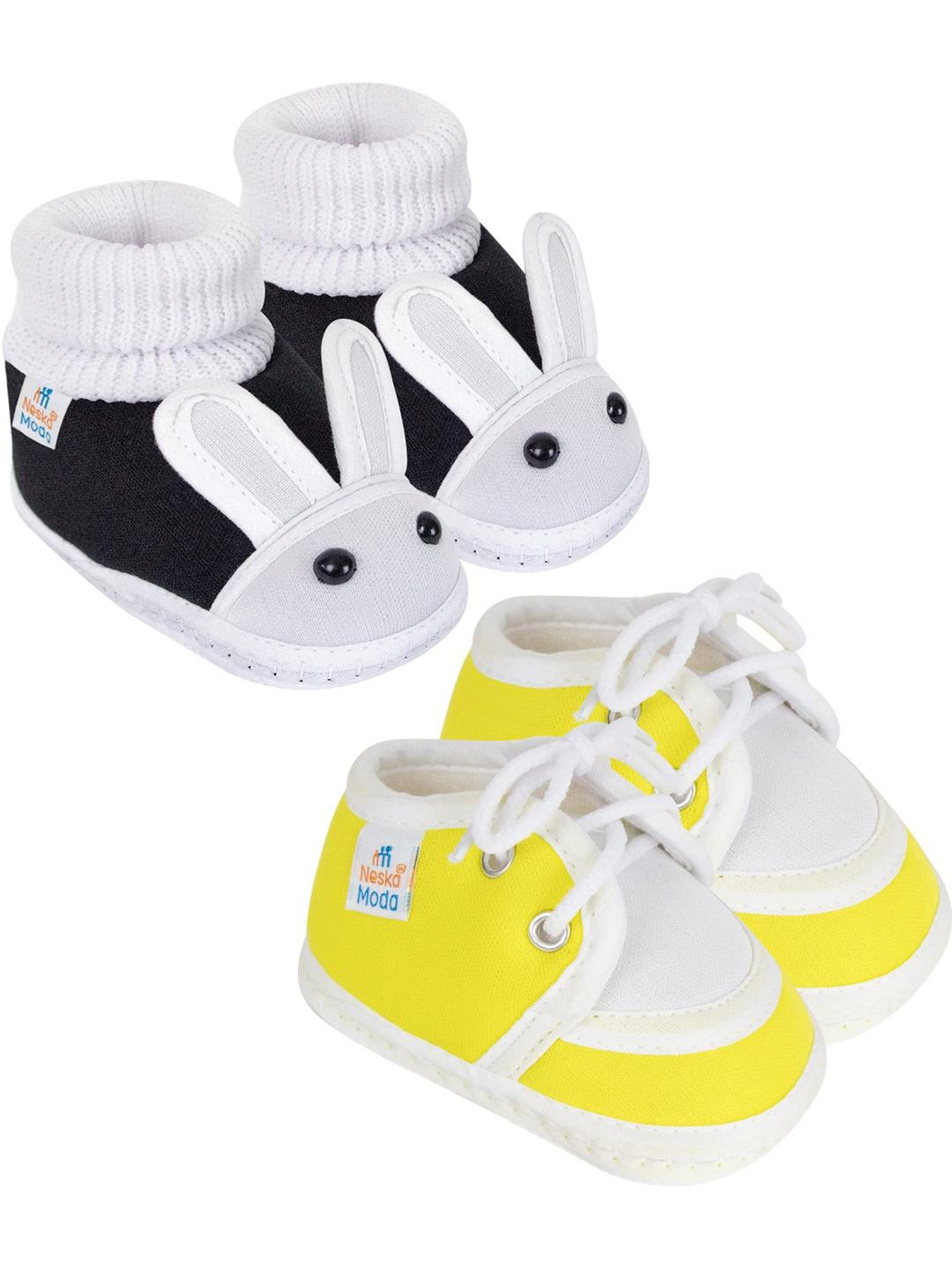 Neska Moda 0 To 6 Month Newborn Unisex Baby Skin-Friendly 2 Pair Soft Cotton Rabbit & Lace Booties (Toe to Heel Length - 10 cm, Black, Yellow)