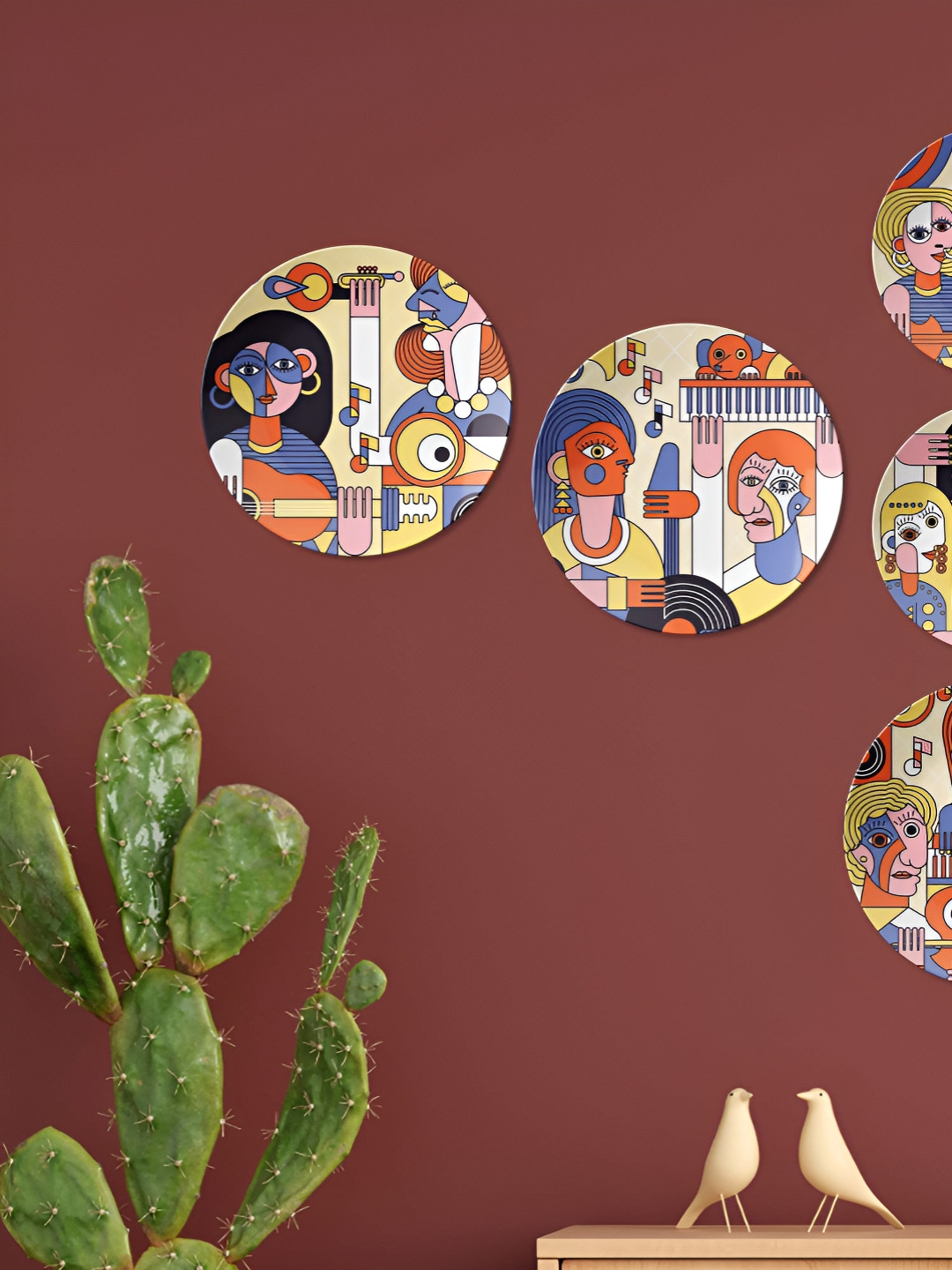 THE QUIRKY HOME Abstract Musicians Ceramic Bohemian Glossy Hall 5Pcs Wall Plates-10In